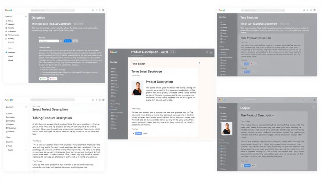 Collection of AI tools for generating product descriptions showing their interfaces Collection of AI tools for generating product descriptions showing their interfaces