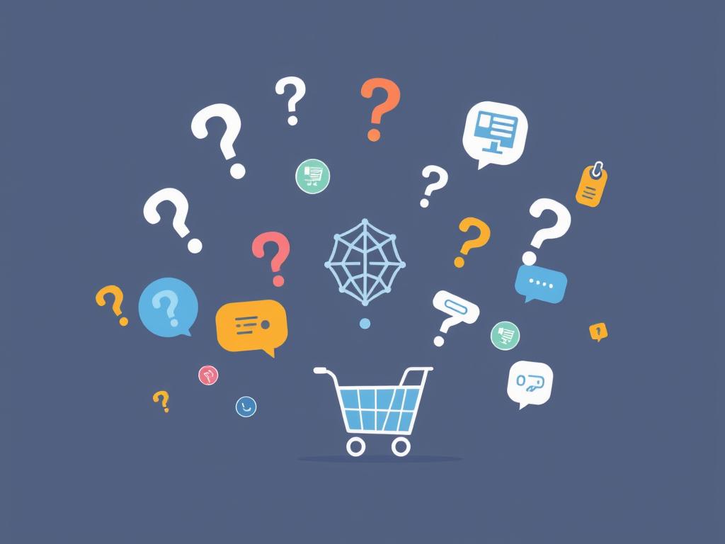 FAQ concept with question marks and AI-generated product descriptions FAQ concept with question marks and AI-generated product descriptions