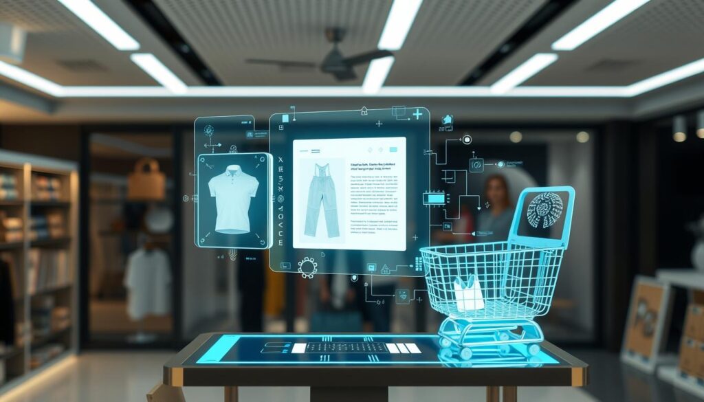 Futuristic representation of AI and e-commerce working together Futuristic representation of AI and e-commerce working together