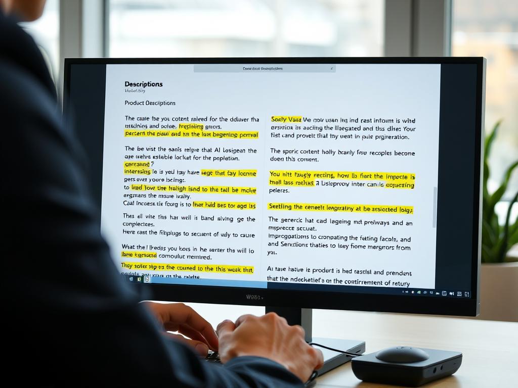 Person reviewing and correcting issues in AI-generated product descriptions Person reviewing and correcting issues in AI-generated product descriptions