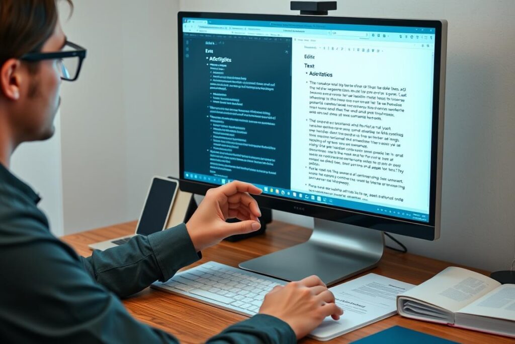 Person reviewing and editing AI-generated product descriptions on a computer Person reviewing and editing AI-generated product descriptions on a computer