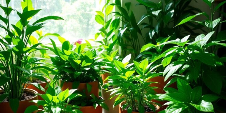Lush green air-purifying plants on a sunny windowsill.